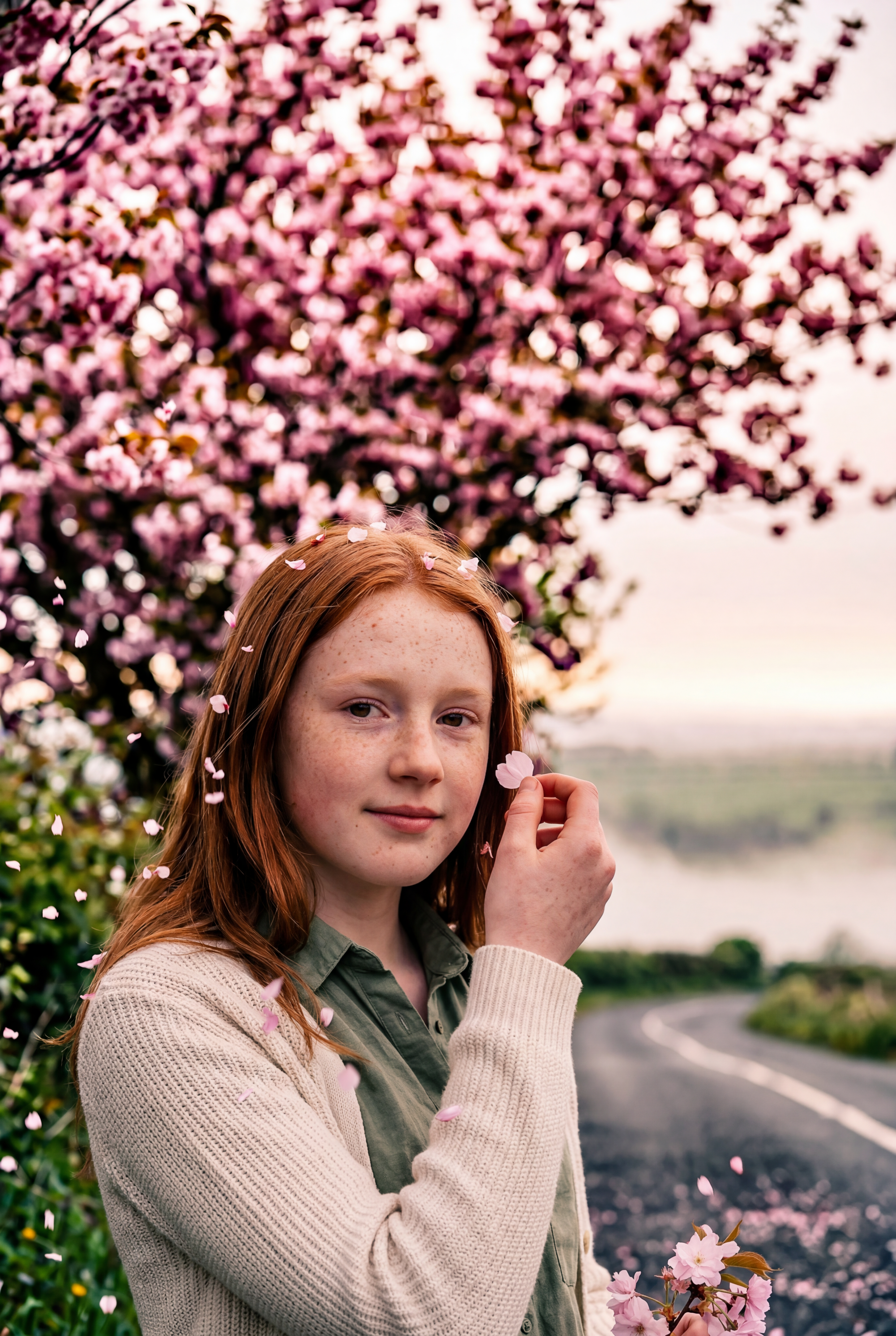 Red haired girl portrait laughing near blossom tree