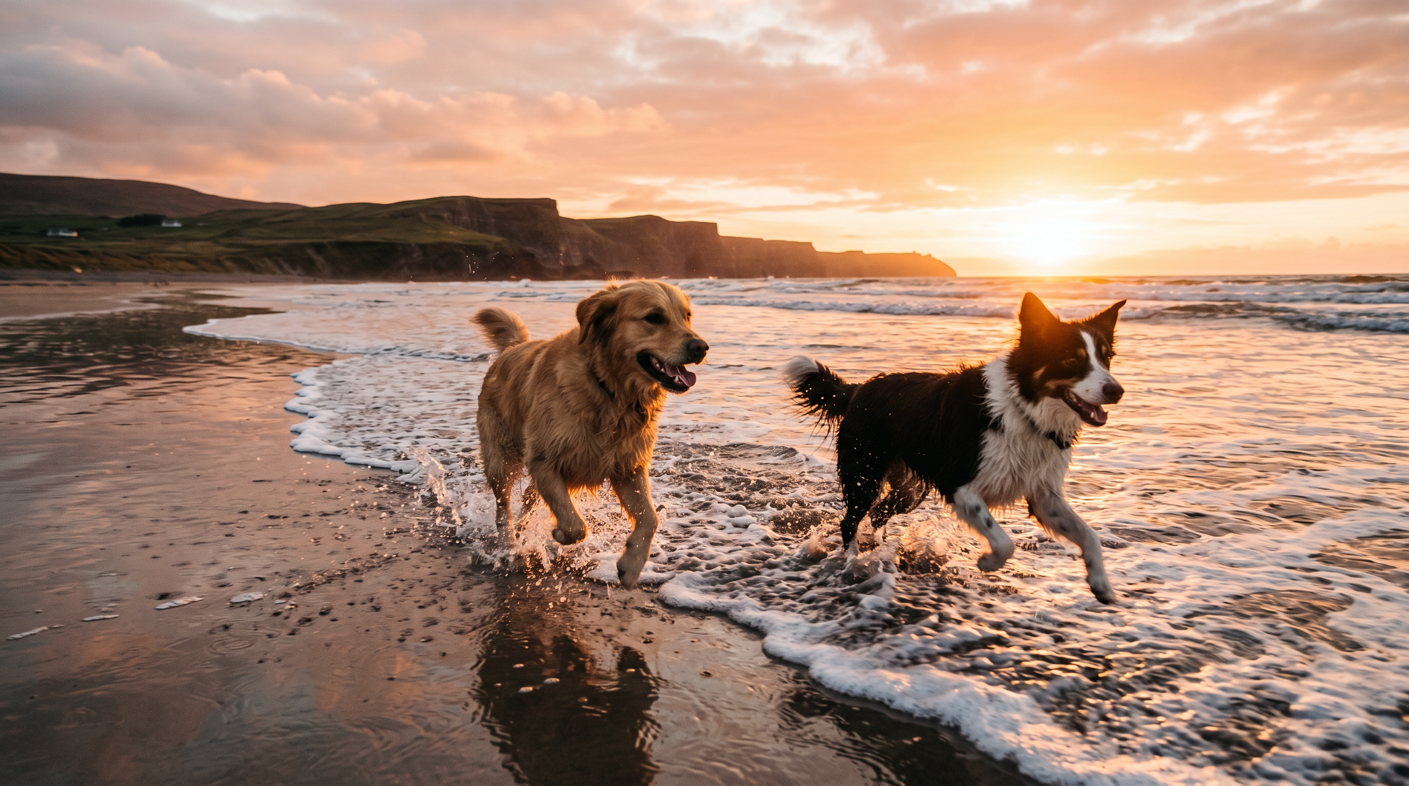 Two dogs playing on Irish beach at sunset