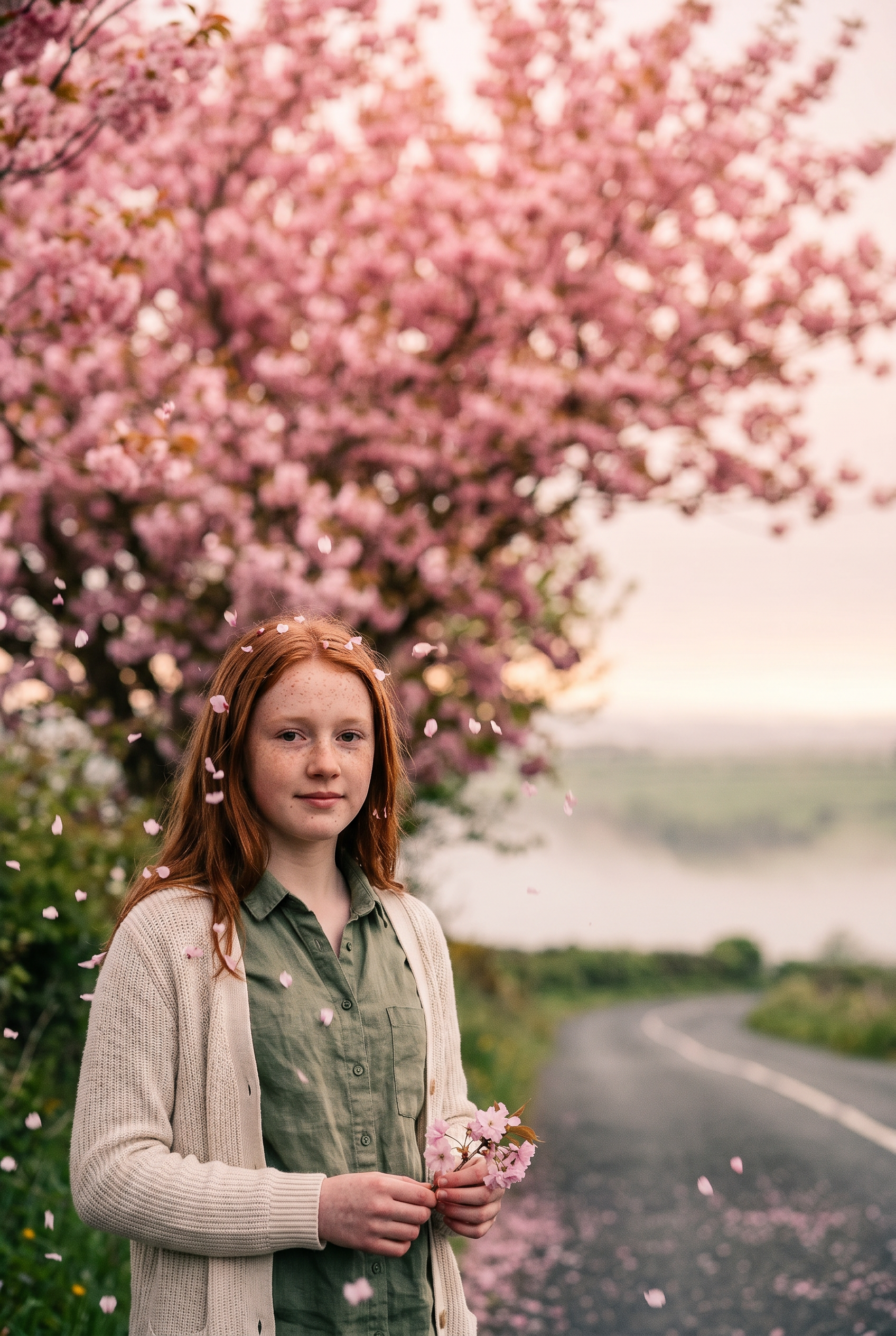 Red haired girl portrait against pink blossom tree