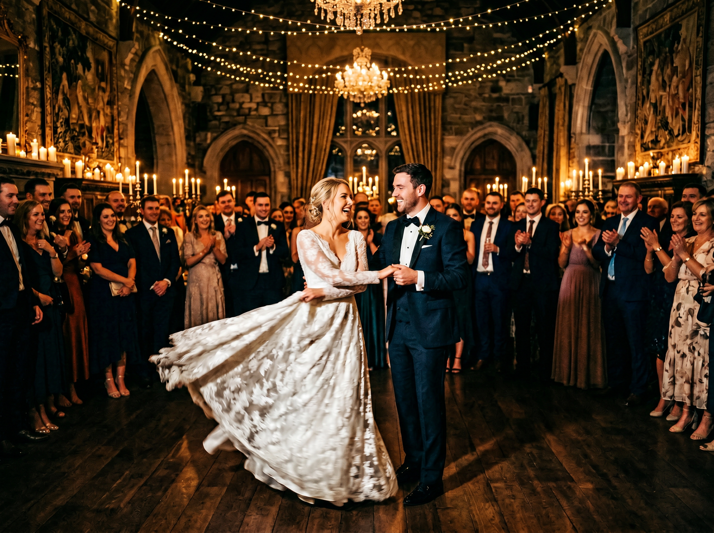 Bride and groom first dance in Irish castle ballroom