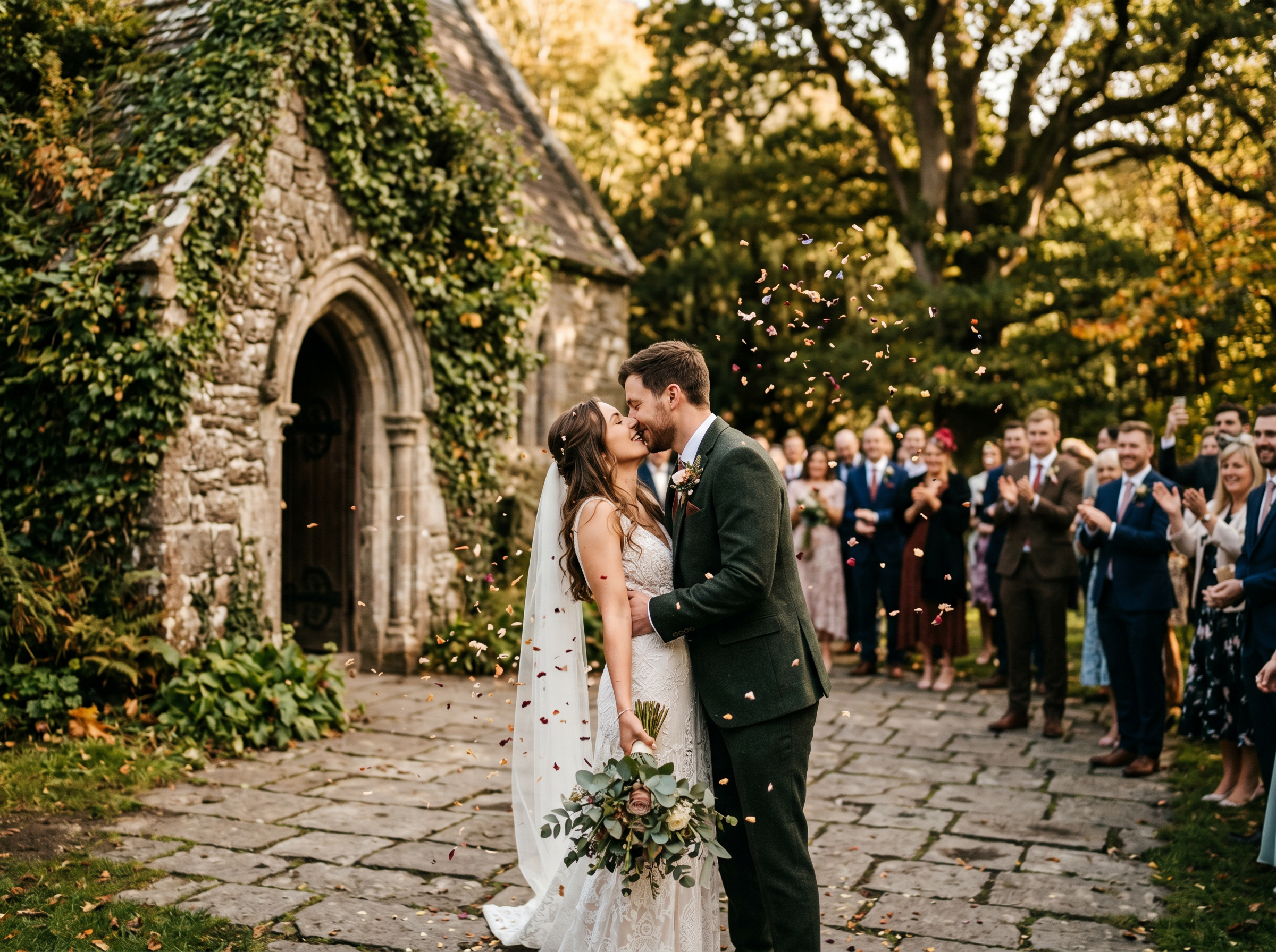 Bride and groom first kiss outside Irish stone church